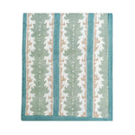 Gustavia Mahjong Tablecloth, rectangular, sage green and teal vertical stripes with white coral print and solid teal border, folded.