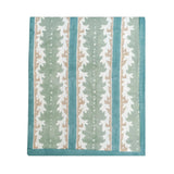 Gustavia Mahjong Tablecloth, rectangular, sage green and teal vertical stripes with white coral print and solid teal border, folded.