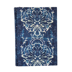 Handmade Linen Notebook | Small in deep blue with an ornate, distressed cream damask pattern, closed.