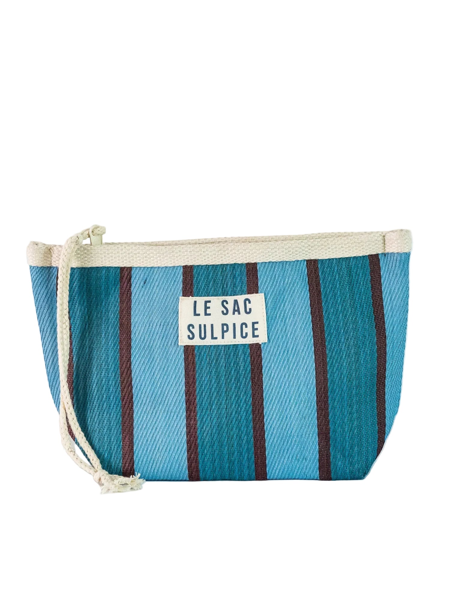 Paxos Everyday Pouch | Small, rectangular woven fabric with shades of blue and brown stripes, off-white drawstring, on white background.