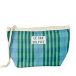 Paxos Everyday Pouch | Large, a rectangular woven pouch with blue and green vertical stripes and natural drawstring.