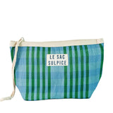Paxos Everyday Pouch | Large, a rectangular woven pouch with blue and green vertical stripes and natural drawstring.