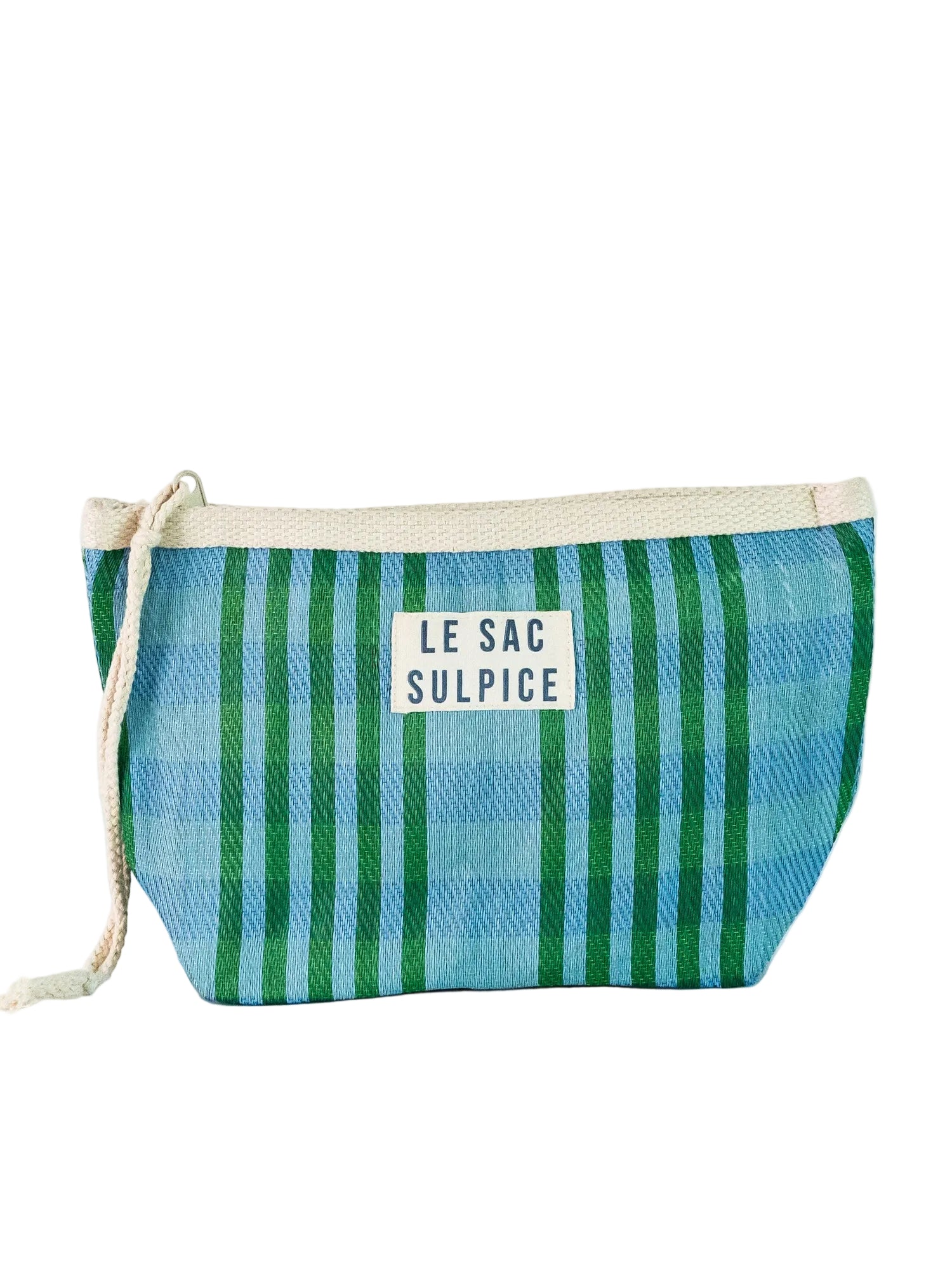 Paxos Everyday Pouch | Large, a rectangular woven pouch with blue and green vertical stripes and natural drawstring.