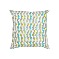 Leyla Pillow, square fabric throw with vertical blue and green botanical stripes on white, light blue piped trim.