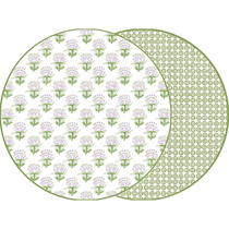 Petit Fleur Double-Sided Placemats, round, white with lavender floral print on one side, green geometric reverse.