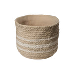 Nomad Pot, round beige ceramic planter with a raised knit texture and two white painted horizontal stripes.