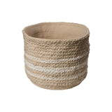 Nomad Pot, round beige ceramic planter with a raised knit texture and two white painted horizontal stripes.