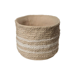 Nomad Pot, round beige ceramic planter with a raised knit texture and two white painted horizontal stripes.