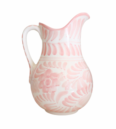 Dos Flores Pitcher, white ceramic pitcher with pink floral and leaf pattern, featuring a handle and pouring spout.