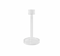 Glass Cocktail Napkin Stand in clear transparent glass with a round base and slender cylindrical post, ideal for holding cocktail napkins.