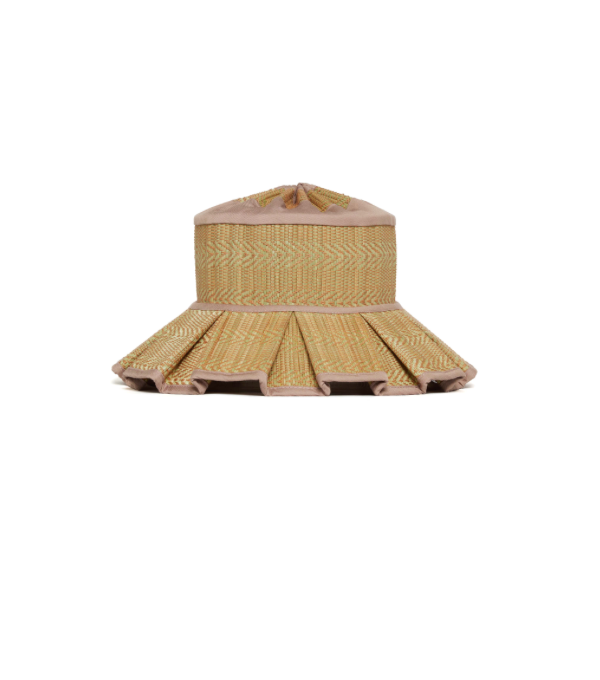 Flores Bungalow Beauty Point Hat: Tan woven straw hat with herringbone pattern, flat crown, and light pink pleated wide brim.