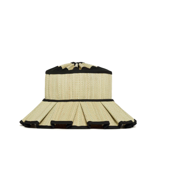 Antibes Beauty Point Hat in natural woven raffia with a wide, pleated brim and black trim, displayed on a white background.