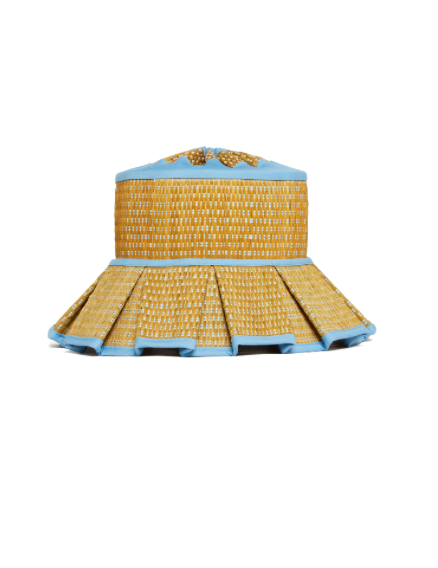 Sea Scape Island Beauty Point Hat in woven straw with golden yellow dotted pattern and blue trim detail