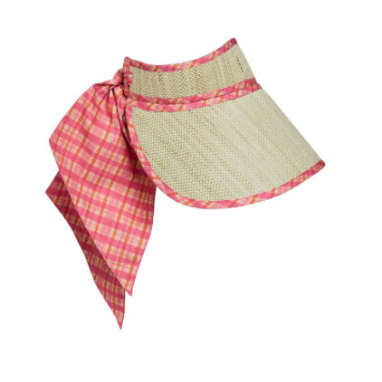 Painterly Somerset Sun Visor in natural woven straw with pink gingham fabric ties and trim accent