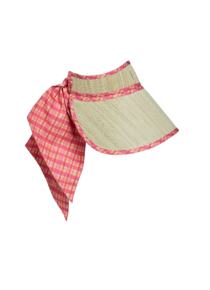 Painterly Somerset Sun Visor in natural woven straw with pink gingham fabric ties and trim accent