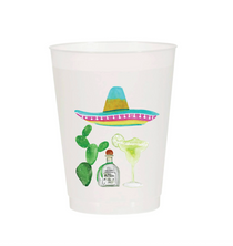 Fiesta Margarita Frosted Cups | Set of 10. Frosted plastic cup with colorful sombrero, cactus, tequila bottle, and margarita artwork.