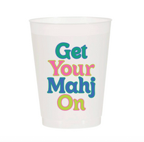 Get Your Mahj On Frosted Cups, frosted plastic cup with "Get Your Mahj On" text in bold teal, pink, lime green.