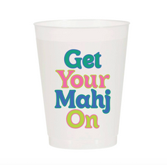 Get Your Mahj On Frosted Cups, frosted plastic cup with "Get Your Mahj On" text in bold teal, pink, lime green.