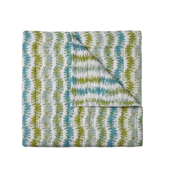 Leyla Quilt in white quilted cotton, with vertical lime green and aqua blue botanical stripes, folded with corner flipped.