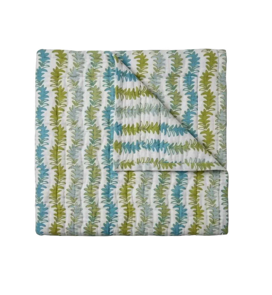Leyla Quilt in white quilted cotton, with vertical lime green and aqua blue botanical stripes, folded with corner flipped.