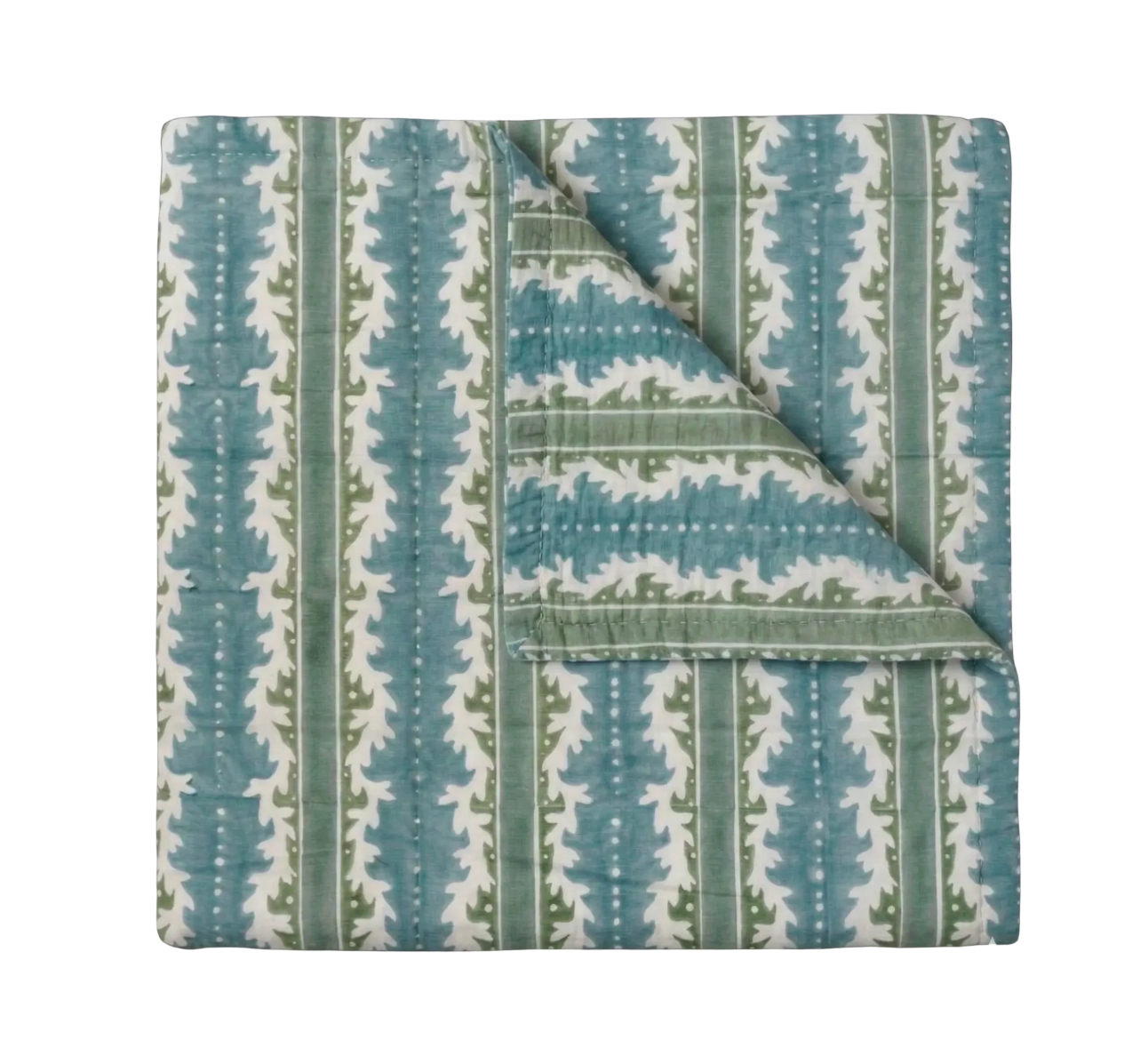 Gustavia Quilt, reversible quilted cotton with alternating vertical stripes of teal blue and sage green, featuring cream leaf motifs and dots.