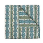 Gustavia Quilt, reversible quilted cotton with alternating vertical stripes of teal blue and sage green, featuring cream leaf motifs and dots.