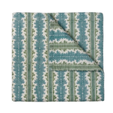 Gustavia Quilt, reversible quilted cotton with alternating vertical stripes of teal blue and sage green, featuring cream leaf motifs and dots.