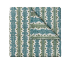 Gustavia Quilt, reversible quilted cotton with alternating vertical stripes of teal blue and sage green, featuring cream leaf motifs and dots.