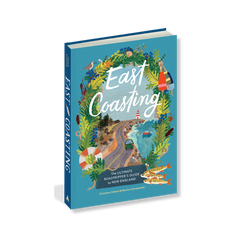East Coasting: The Ultimate Roadtripper's Guide to New England, a teal hardcover book with vibrant New England coastal scene.