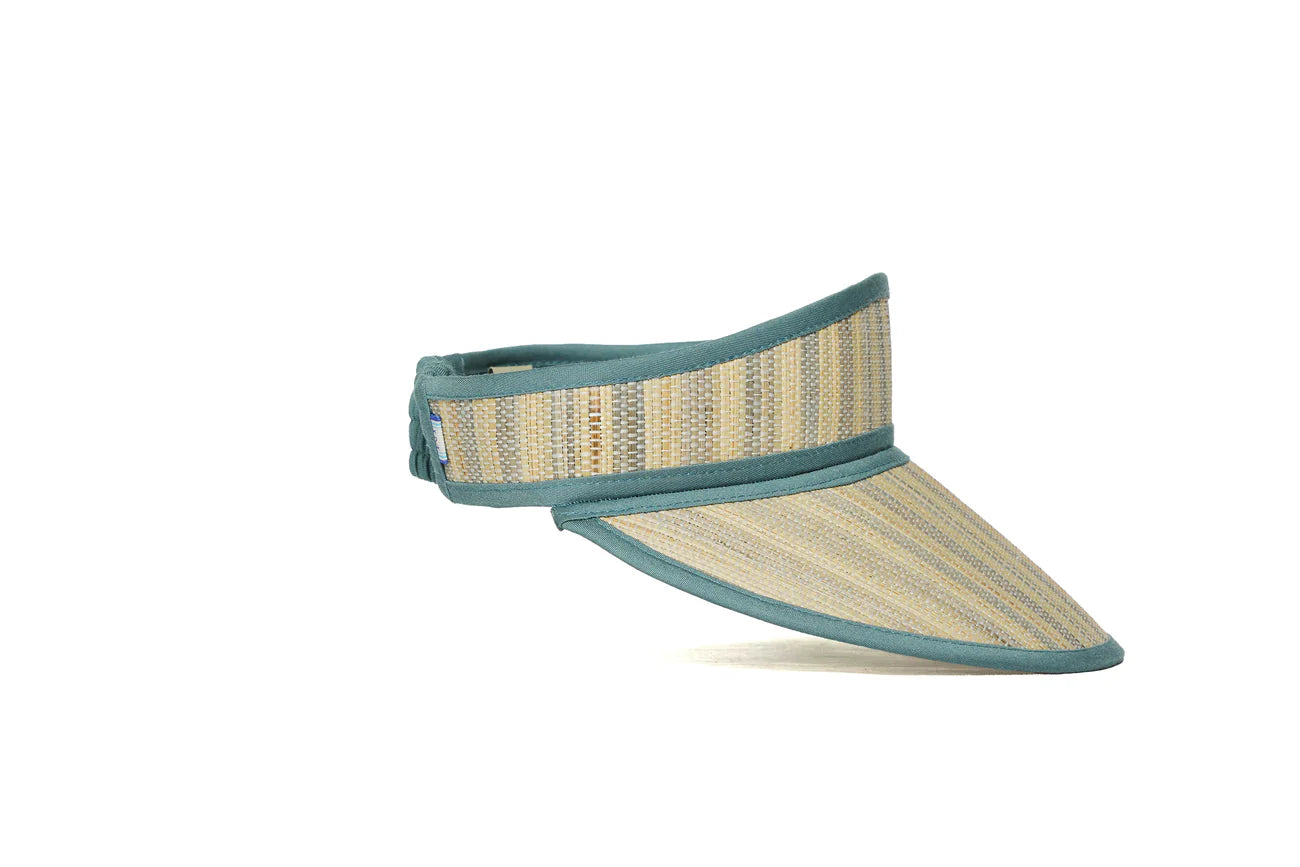 French Villa Sunshine Sun Visor, a woven straw visor with beige and blue vertical stripes, finished with a teal fabric trim and curved brim.