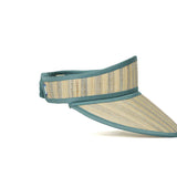 French Villa Sunshine Sun Visor, a woven straw visor with beige and blue vertical stripes, finished with a teal fabric trim and curved brim.