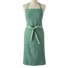 Linen Apron in sage green with halter neck straps, front pocket, and tie waist belt displayed on white mannequin