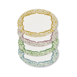Hand Splattered Stickers | Set of 12, round paper stickers, ornate white label, yellow, purple, green, blue borders. Stacked.
