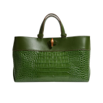 The Park Tote | Moss Green rectangular bag with glossy crocodile-embossed leather main body, smooth leather upper, and bamboo toggle.
