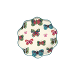 Mariposa Paper Dessert Plate | Set of 12, scalloped round with cream background, multicolor butterfly pattern, teal border.