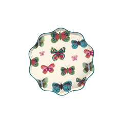 Mariposa Paper Dessert Plate | Set of 12, scalloped round with cream background, multicolor butterfly pattern, teal border.