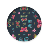 Millie Dinner Paper Plate | Set of 12, round paper plate with dark navy blue and vibrant multicolor butterfly pattern.