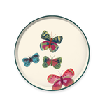 Monet Butterfly Paper Dinner Plate, round cream paper plate with dark green rim and vibrant painted butterfly pattern, flat lay.