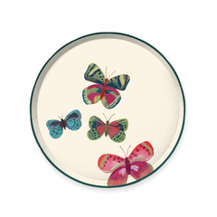 Monet Butterfly Paper Dinner Plate, round cream paper plate with dark green rim and vibrant painted butterfly pattern, flat lay.