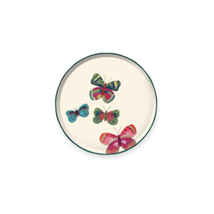 Monet Hors d'Oeuvres Paper Plate | Set of 12: Round paper plate in cream with a dark green rim and colorful impressionistic butterfly art.
