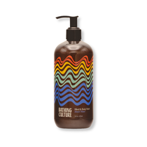 Mind and Body Wash in a dark brown plastic pump bottle with vibrant red, orange, yellow, green, and blue wavy lines, on white.