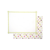 Lucy Stationery Set, a white notecard with a light green dotted border, overlapping an envelope with pink, yellow, and brown whimsical floral paper.