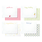Every Occasion Stationery Set: White greeting cards and patterned envelopes (red dash, green stripe, yellow star, blue geometric).