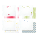 Every Occasion Stationery Set: White greeting cards and patterned envelopes (red dash, green stripe, yellow star, blue geometric).