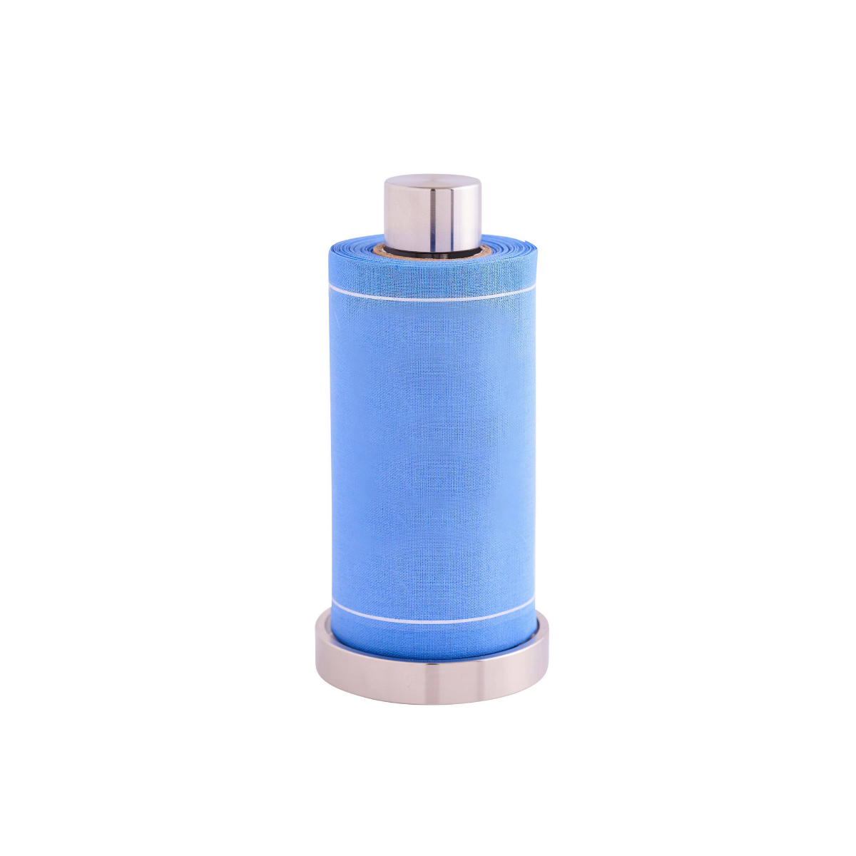 Summer Dreaming Cocktail Napkin Roll in light blue woven fabric with thin white stripes, dispensed from a brushed metal holder.