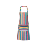 Salvador Apron, colorful cotton fabric full bib apron with bright vertical stripes and a bold horizontal striped front pocket.