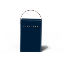 Fieldbar Drinks Cooler Box, a sleek navy blue metal rectangular cooler with a brown leather handle and gold branding.