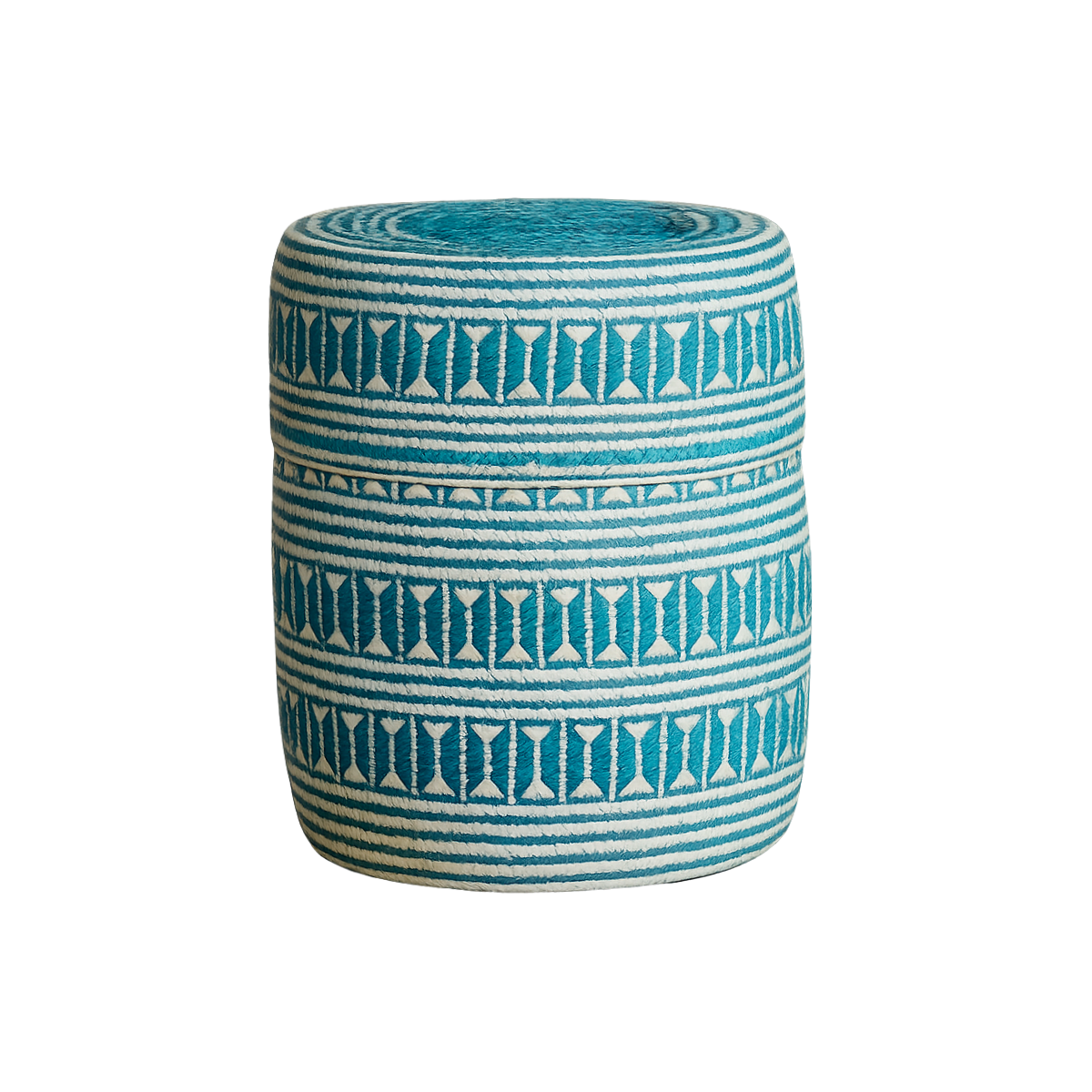 Mexican Palm Lidded Baskets, woven palm in cylindrical shape, teal blue and off-white with horizontal stripes and geometric hourglass pattern.