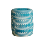 Mexican Palm Lidded Baskets, woven palm in cylindrical shape, teal blue and off-white with horizontal stripes and geometric hourglass pattern.