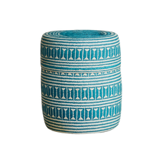 Mexican Palm Lidded Baskets, woven palm in cylindrical shape, teal blue and off-white with horizontal stripes and geometric hourglass pattern.